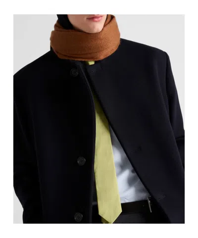 Prada Wool Coat With Long Sleeves And Notched Lapel In Navy Blue