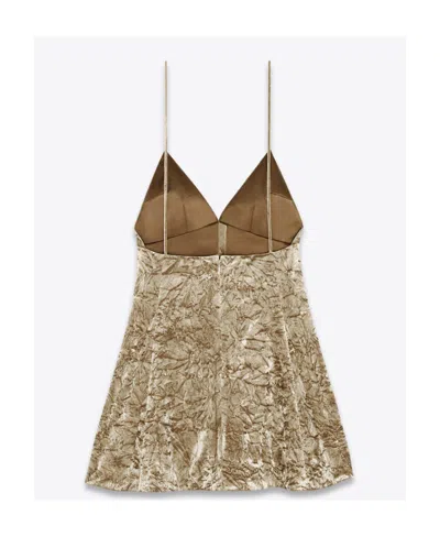 Saint Laurent Beige Velvet V-neck Short Flared Dress In Brown