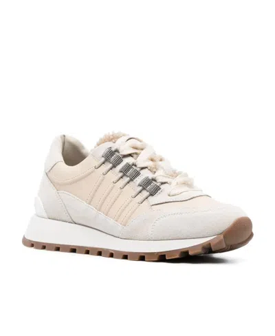 Brunello Cucinelli Shearling-trim Low-top Sneakers In Cream White/beige