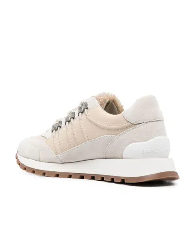 Brunello Cucinelli Shearling-trim Low-top Sneakers In Cream White/beige