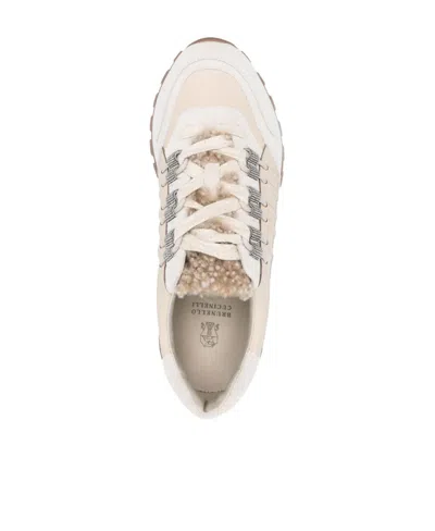 Brunello Cucinelli Shearling-trim Low-top Sneakers In Cream White/beige