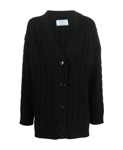 Prada V Neck Cable Knit Cardigan In Luxurious Wool Blend In Black