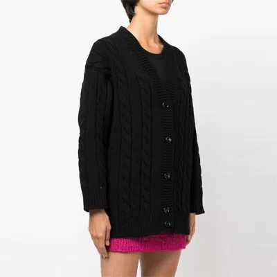 Prada V Neck Cable Knit Cardigan In Luxurious Wool Blend In Black