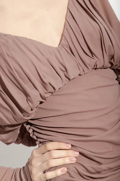 Saint Laurent Jersey V-neck Mini Dress With Ruched Sleeves In Brown