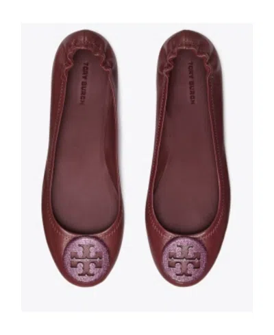 Tory Burch Brown Suede Minnie Ballerinas In Red