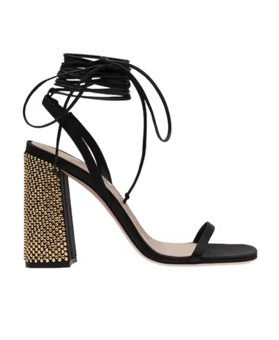 Miu Miu Satin Square Heel Sandals With Rhinestone Embellishment In Black