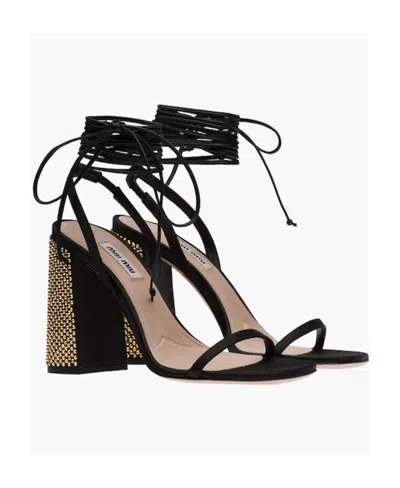 Miu Miu Satin Square Heel Sandals With Rhinestone Embellishment In Black