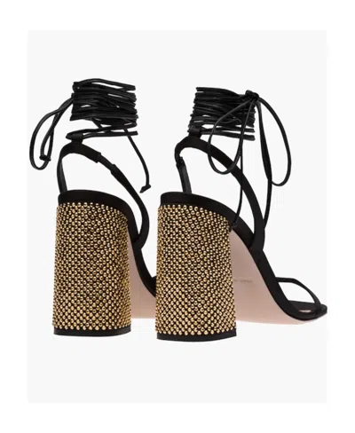 Miu Miu Satin Square Heel Sandals With Rhinestone Embellishment In Black