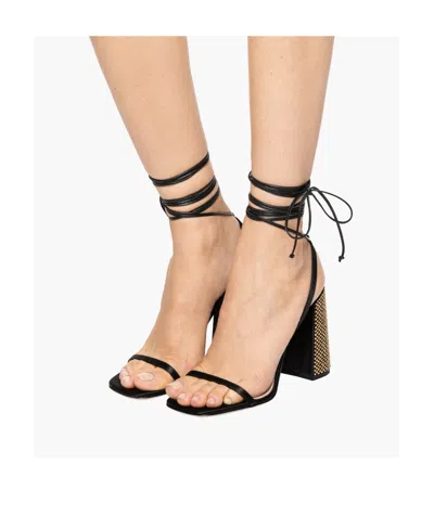 Miu Miu Satin Square Heel Sandals With Rhinestone Embellishment In Black