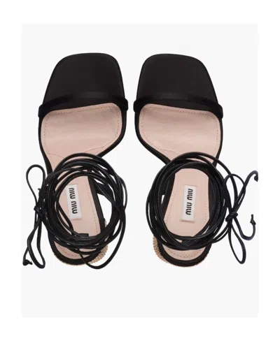 Miu Miu Satin Square Heel Sandals With Rhinestone Embellishment In Black