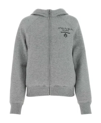 Prada Luxe Cashmere Blend Hooded Down Jacket In Grey