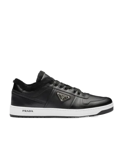 Prada Leather Sneakers With Perforated Toe Cap In Black
