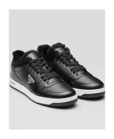 Prada Leather Sneakers With Perforated Toe Cap In Black