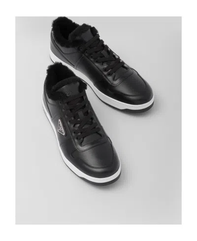 Prada Leather Sneakers With Perforated Toe Cap In Black