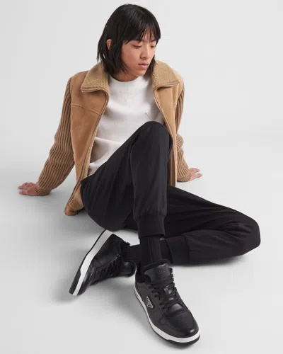 Prada Leather Sneakers With Perforated Toe Cap In Black