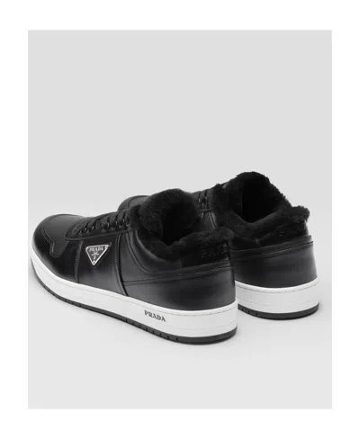 Prada Leather Sneakers With Perforated Toe Cap In Black