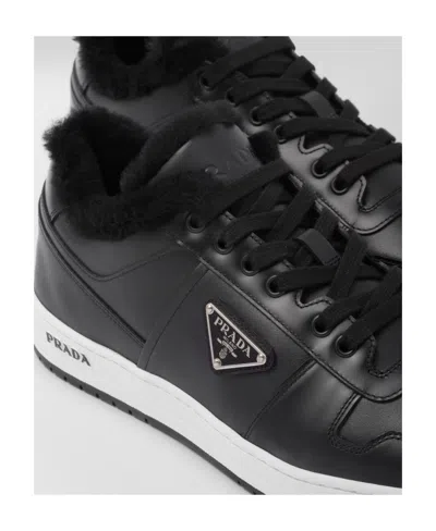 Prada Leather Sneakers With Perforated Toe Cap In Black