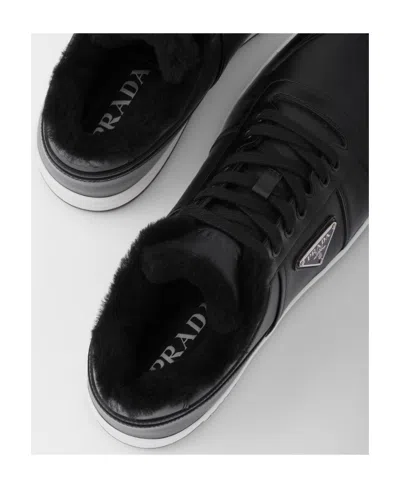 Prada Leather Sneakers With Perforated Toe Cap In Black