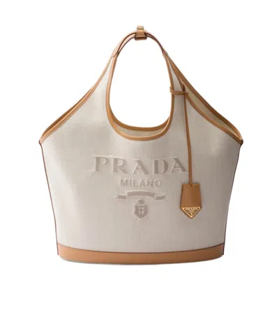 Prada Large Linen Blend And Leather Tote Bag In Neutral Color
