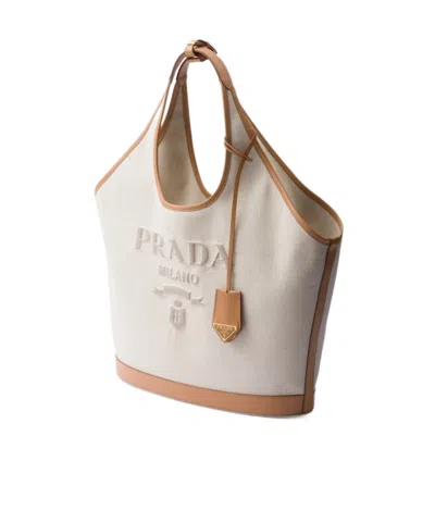 Prada Large Linen Blend And Leather Tote Bag In Neutral Color