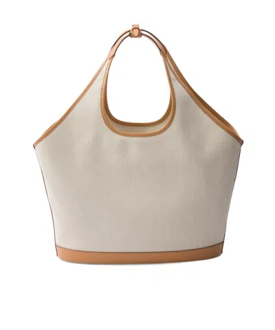 Prada Large Linen Blend And Leather Tote Bag In Neutral Color