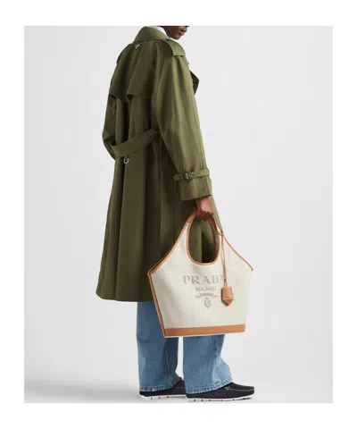 Prada Large Linen Blend And Leather Tote Bag In Neutral Color
