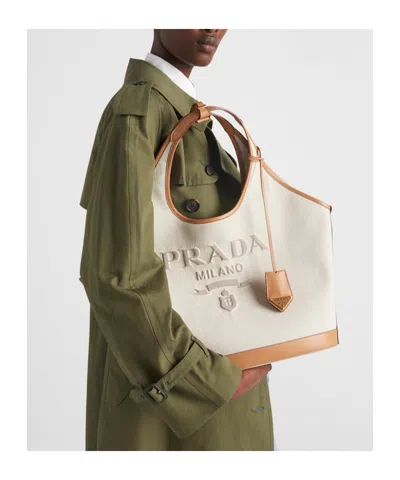 Prada Large Linen Blend And Leather Tote Bag In Neutral Color