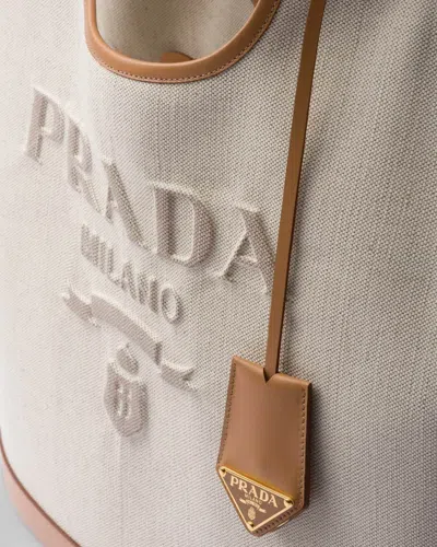 Prada Large Linen Blend And Leather Tote Bag In Neutral Color