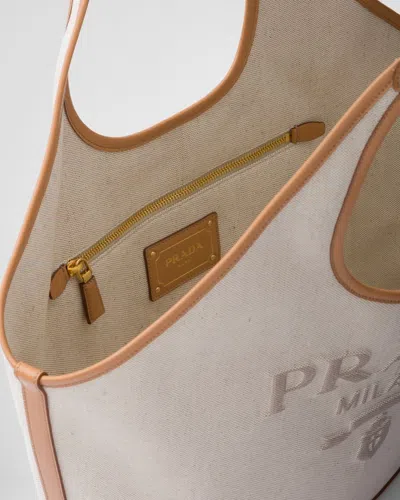 Prada Large Linen Blend And Leather Tote Bag In Neutral Color