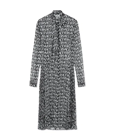 Versace Logo-print Silk-chiffon Midi Dress In Black