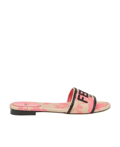 Fendi Embroidered-logo Slip-on Slides In Nude