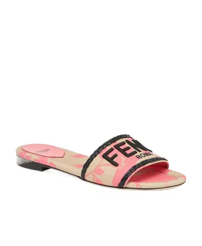 Fendi Embroidered-logo Slip-on Slides In Nude