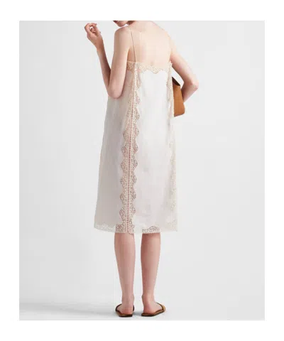 Prada Besticktes Kleid Aus Leinen Mit Spitzenbesatz In Sabbia