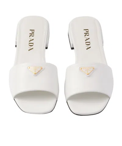 Prada Saffiano Patent Leather Slides In White