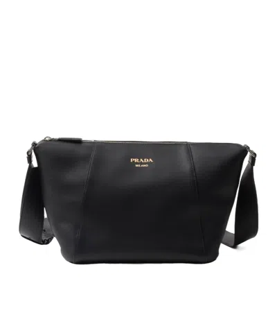 Prada Logo Print Leather Messenger Bag In Black
