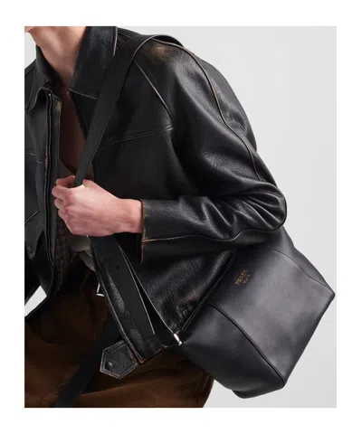 Prada Logo Print Leather Messenger Bag In Black
