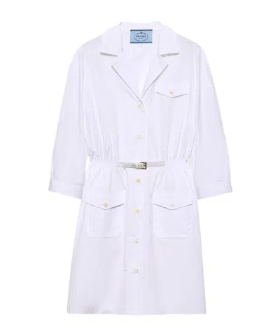 Prada Button Down Belted Poplin Midi Shirt Dress In White