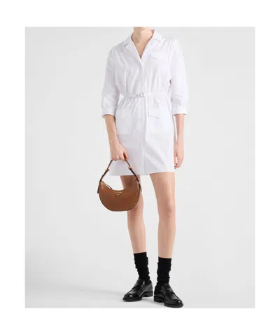 Prada Button Down Belted Poplin Midi Shirt Dress In White