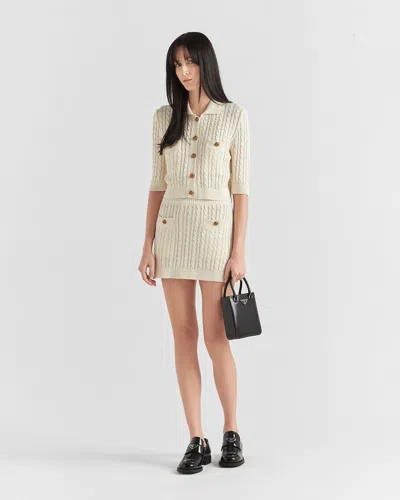 Prada Mini Skirt With Elastic Waist And Decorative Buttons In Ivory