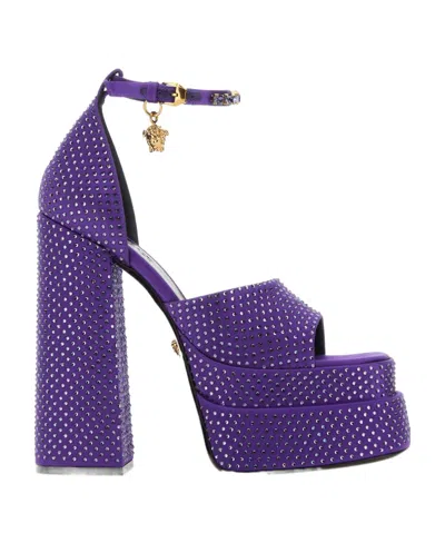 Versace Crystal-studded Platform Sandal In Blue