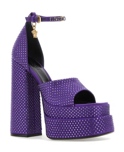 Versace Crystal-studded Platform Sandal In Blue