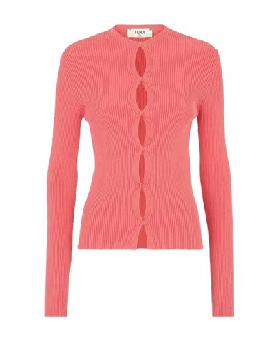 Fendi Ribbed Texture Long Sleeves Round Neck In Pink