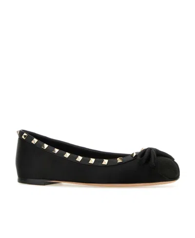 Valentino Garavani Rockstud Satin Bow Ballerina Flats In Black