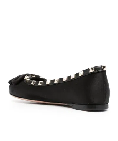 Valentino Garavani Rockstud Satin Bow Ballerina Flats In Black