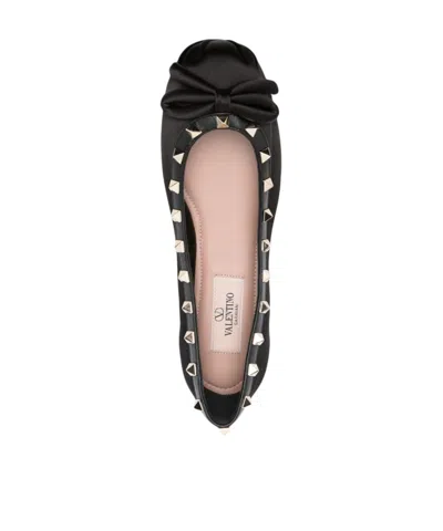Valentino Garavani Rockstud Satin Bow Ballerina Flats In Black