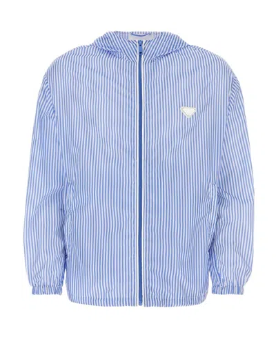 Prada Striped Collar Windbreaker With Elasticated Cuffs And Hem In Blue