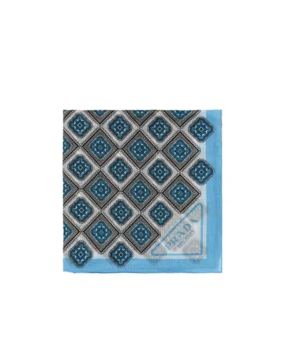 Prada Geometric Print Cotton Scarf With Fringed Edges In Gray