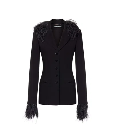 Alberta Ferretti Goose-feather Trim Button-up Jacket In Black