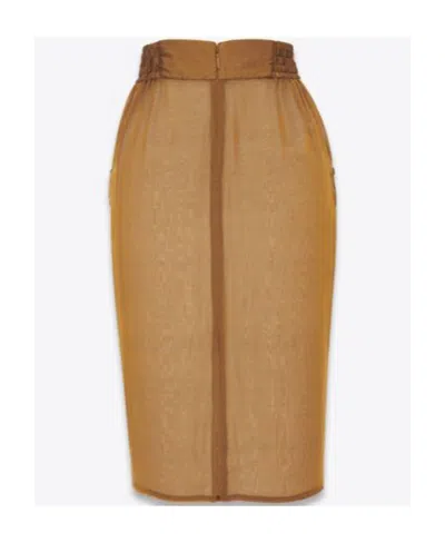 Saint Laurent Pencil Skirt In Silk Muslin In Brown