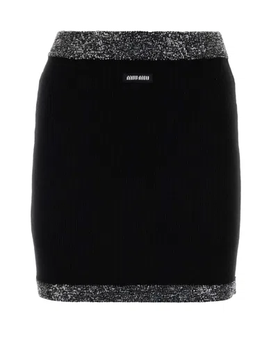 Miu Miu Stretch Mini Skirt With Ribbed Sequin Embellishment In Black